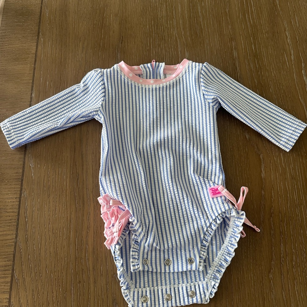 Ruffle Butts Blue and Pink Striped Bodysuit with Ruffles